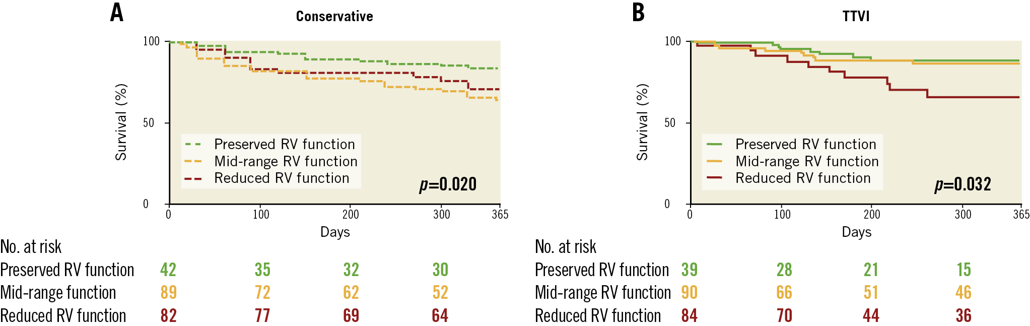 Figure 2. Increased mortality in reduced right ventricular (RV) function in conservatively treated tricuspid regurgitation (TR) and after transcatheter tricuspid valve intervention (TTVI). A) Survival in patients after conservative treatment in the propensity-matched cohort stratified by RV function. Kaplan-Meier analysis; N=213; p for log-rank test. B) Kaplan-Meier analysis for survival in patients after TTVI at one year stratified for RV function. N=213; p for log-rank test.