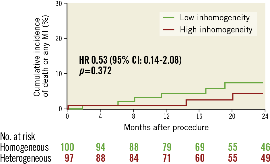 Figure 4. Cumulative incidence of all-cause death or myocardial infarction in the low and high inhomogeneity subgroups.