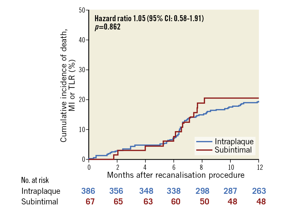 Figure 2. Cumulative incidence of major adverse cardiac events at 12-month follow-up according to recanalisation technique.