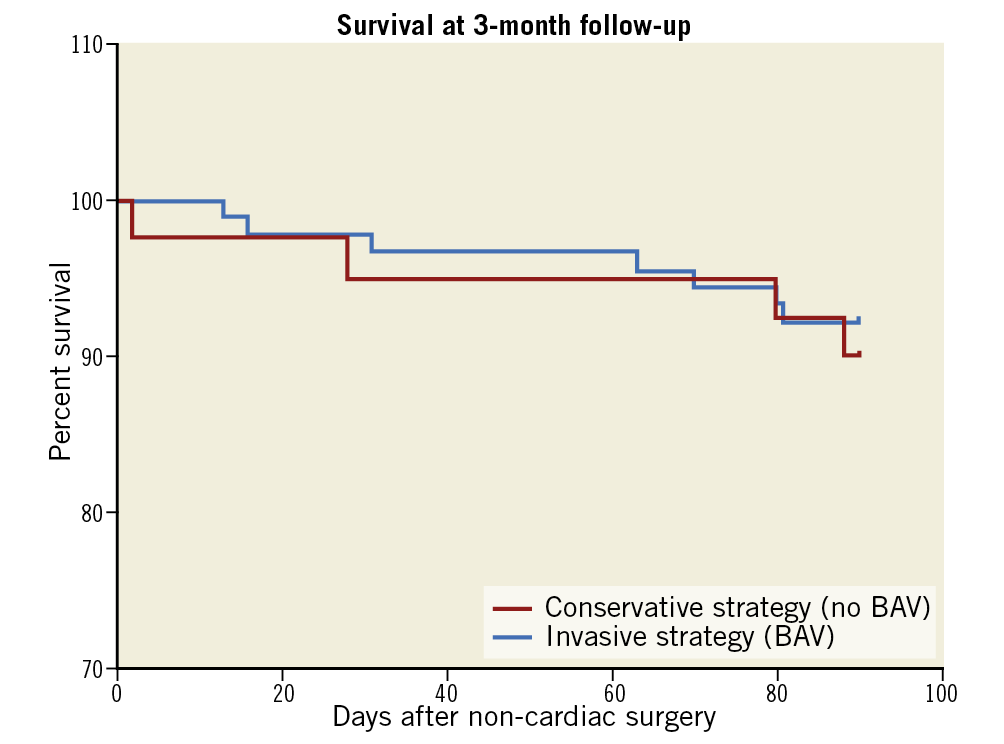 Figure 1. Three-month survival after NCS in patients with an invasive (BAV) or conservative (without BAV) strategy. BAV: balloon aortic valvuloplasty; NCS: non-cardiac surgery